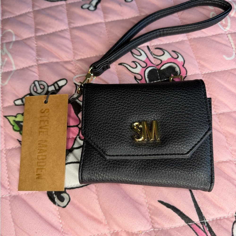 Steve Madden Black Wristlet Card Holder with Gold SM Emblem